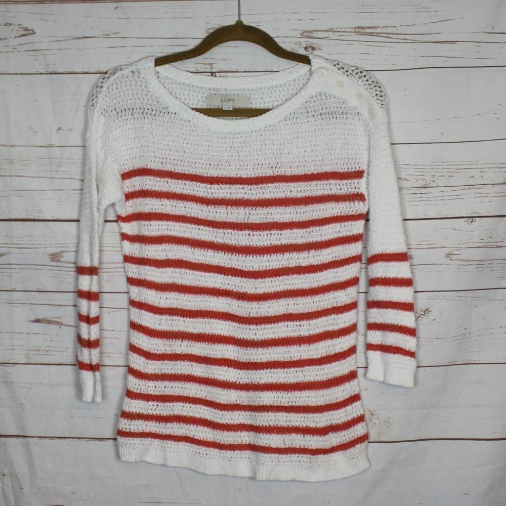 Loft Open Knit Crochet Coral White Striped Shirt Sweater Small‎
